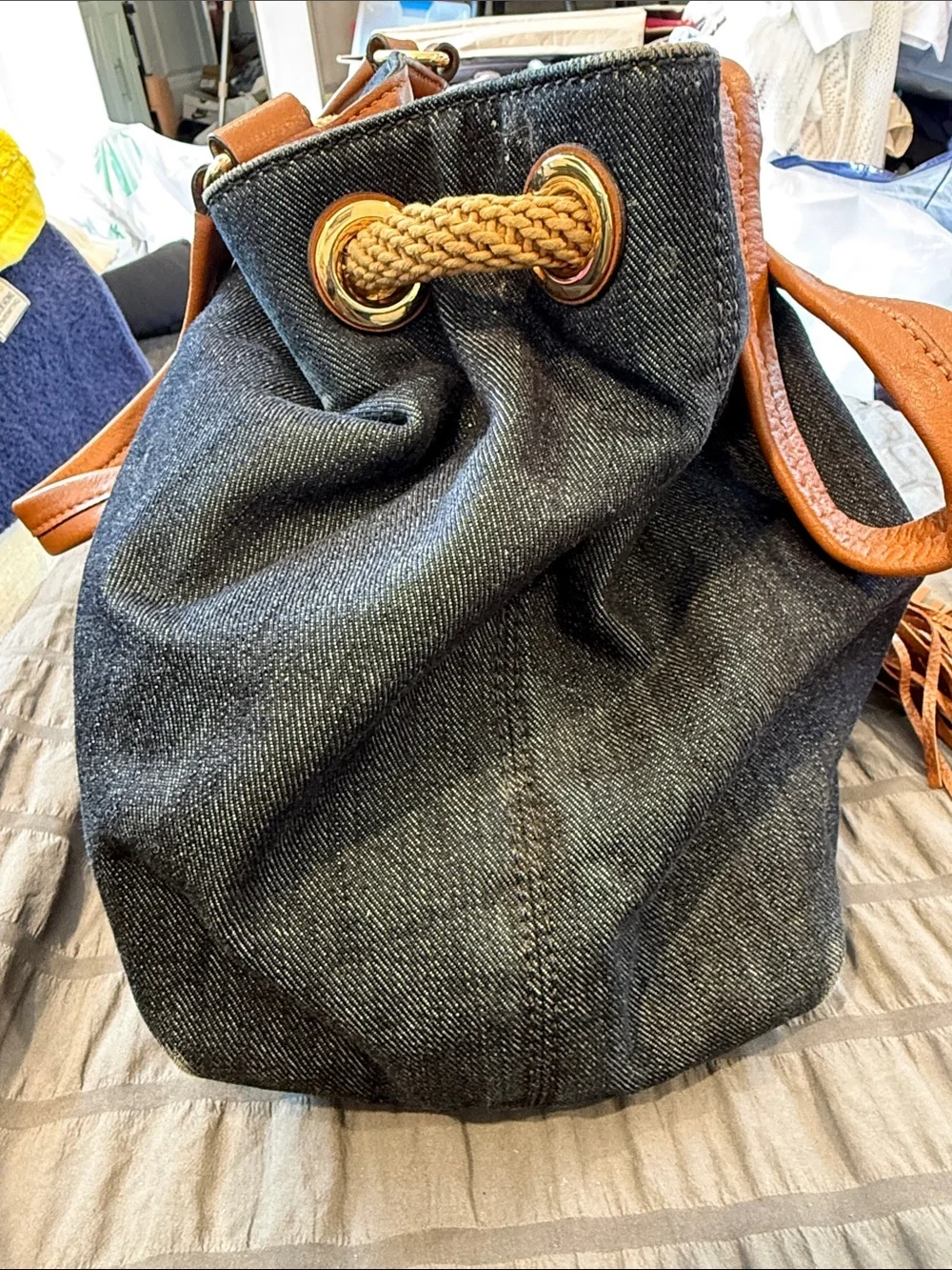 Michael Kors Navy Denim & Brown Leather Tassel Drawstring Hobo